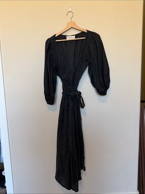 Black Wrap Midi Dress with Puff Sleeves